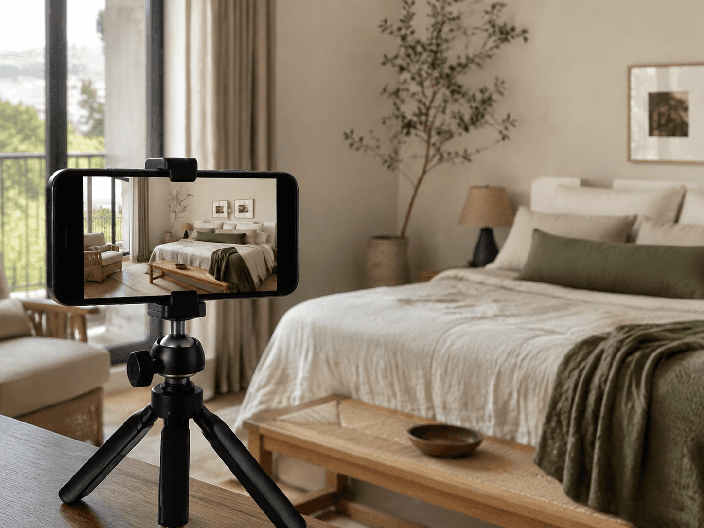 A phone on a tripod recording a bedroom walkthrough